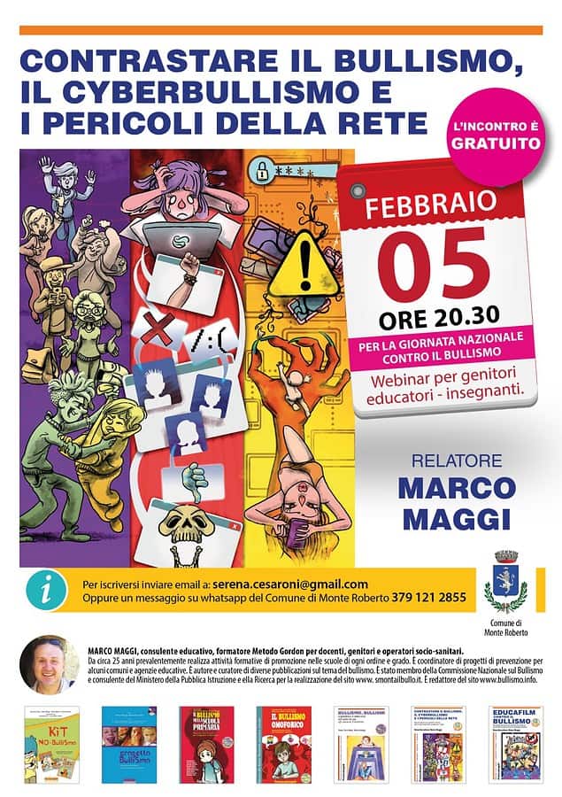 volantino contro il bullismo webinar 5 febbraio scuola di monte roberto
